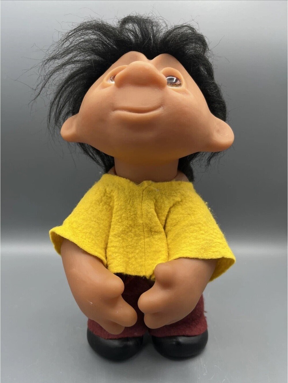Vintage 1982 DAM Troll Doll #243 10” Black Hair Yellow Shirt Posable Denmark